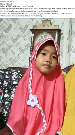 Warga Desa Mekarsari, Kecamatan Cimerak, Kabupaten Pangandaran, digegerkan dengan laporan anak hilang pada Sabtu (20/9/2025) malam. Seorang anak perempuan bernama Syafira Nur Hafidzah (10) tak kunjung pulang usai berangkat ke masjid untuk mengikuti pengajian.